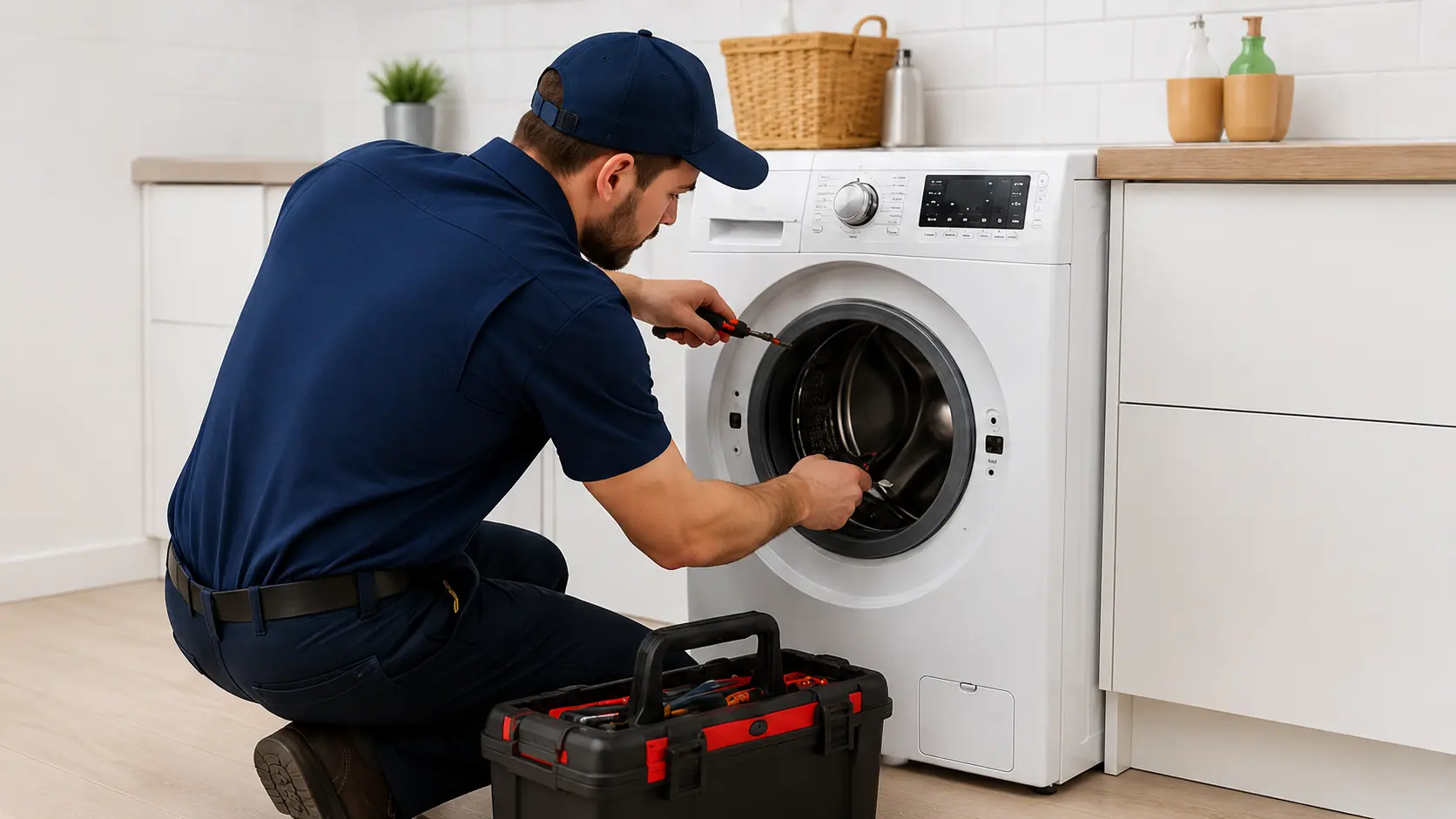Technician repairing washing machine